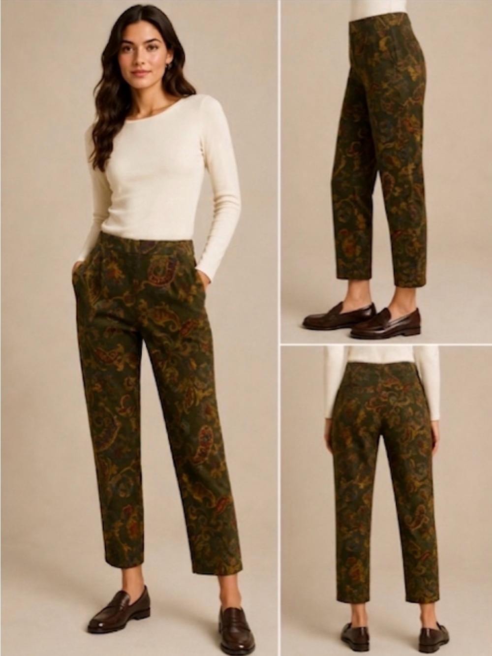 Talbots corduroy Classic High-Rise Paisley Ankle Pants in Olive